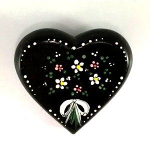 Wooden Tole Painted Heart Brooch in Black with Floral Sprig Handmade Signed